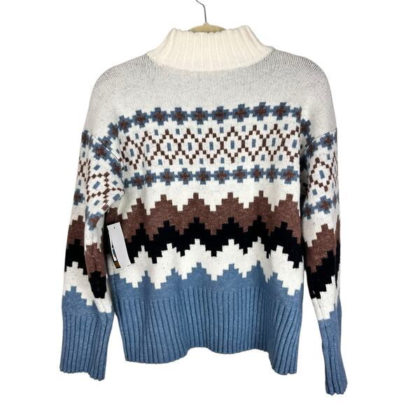 NWT Joseph A Fair Isle Mock Neck Sweater Blue Denim Combo Size Small - Picture 2 of 9